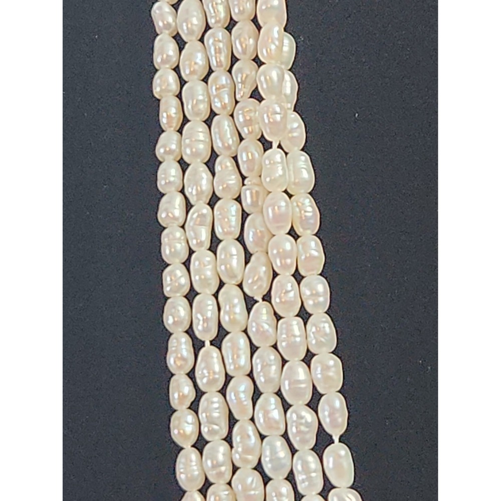 Vtg Multi Strand Freshwater Rice Pearl Necklace 6 Row 37" Opera Gold Tone Clasp